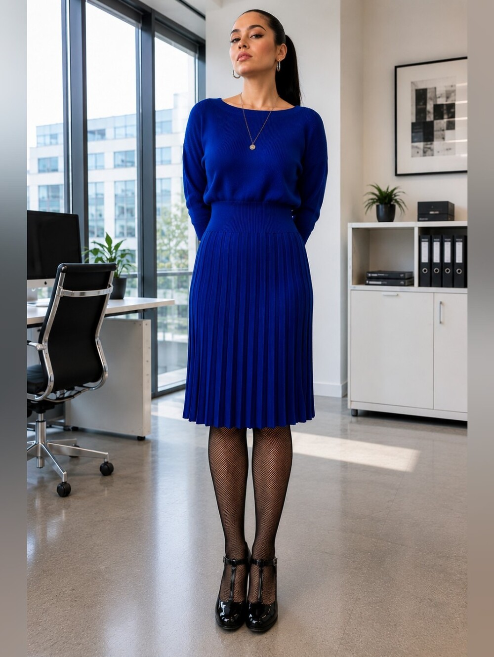 Eliza J Cobalt Royal Blue 3/4 Sleeve Knit Pleated Sweater Dress
